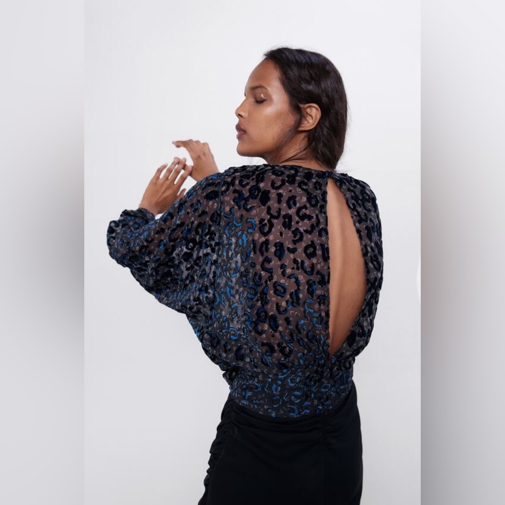 Zara Black & Blue Velvet Leopard Textured Semi-Sheer Blouse